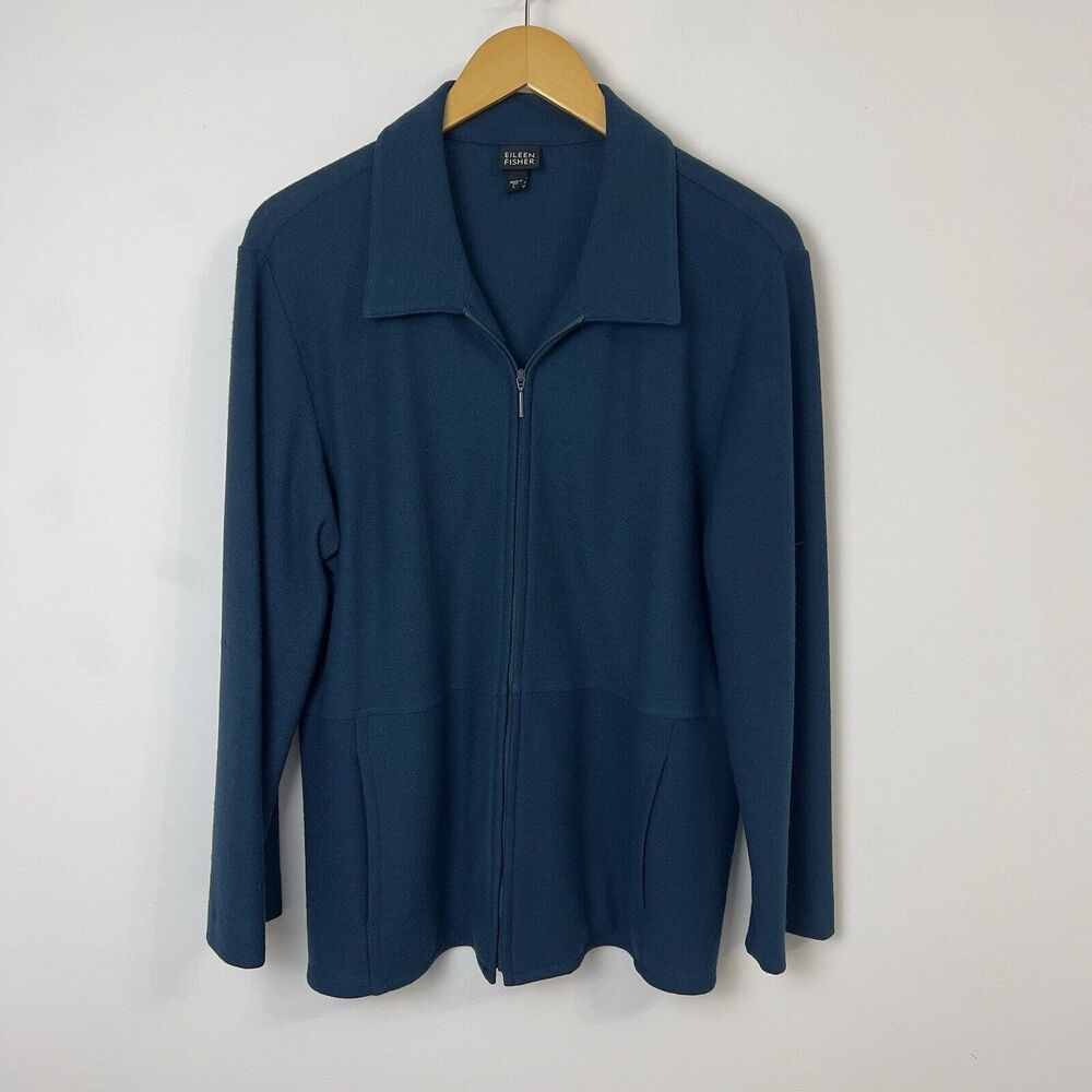 Eileen Fisher Woman's Teal 100% Wool Full Zip Jacket Size Large